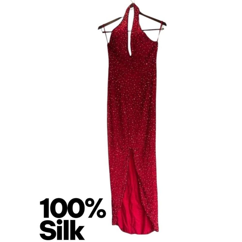 Demetrios Designs red 100% silk halter maxi dress sequin bead detailing size 4